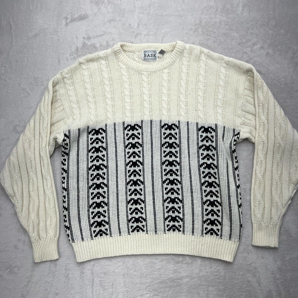 Bask Sweater Mens Extra Large White Black Cable Knit Pullover Dad Cosby XL